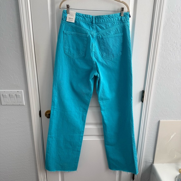 NWT ZARA Full Length High Waist Wide Leg Turquoise Jeans Five Pocket Size 10 - Picture 11 of 17